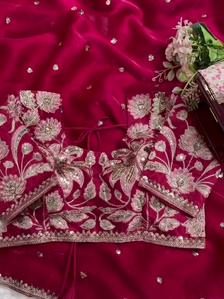 ✨ Organza Embroidered Sequin Work Saree With Heavy Designer Blouse - Image 10