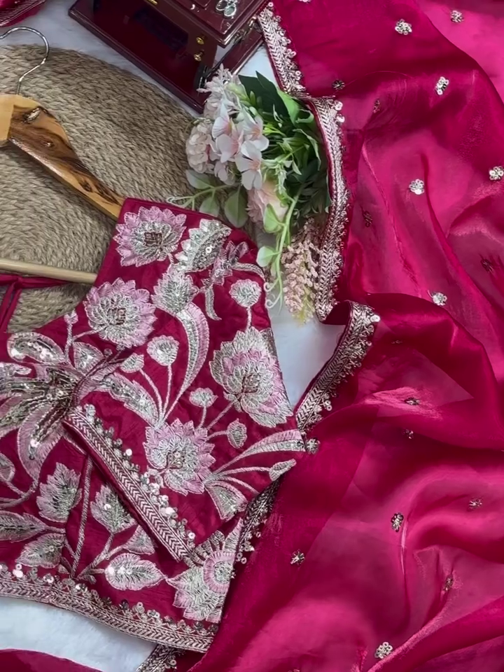 ✨ Organza Embroidered Sequin Work Saree With Heavy Designer Blouse - Image 8