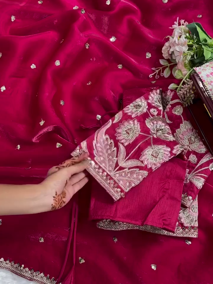 ✨ Organza Embroidered Sequin Work Saree With Heavy Designer Blouse - Image 5
