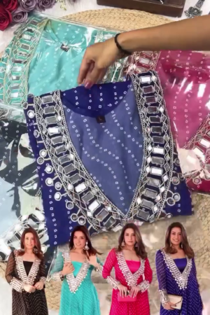 🌟 Designer Bandhej Mirror Work Anarkali Kurta Set 🌟 With Heavy Embellished Neck & Sleeve Detailing | Available In Multiple Festive Colors