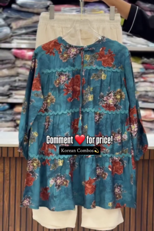 Elegant Teal Floral Korean Co-Ord Set with Comfortable Bottom Wear