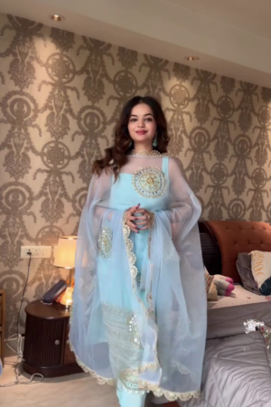 Sky Blue Embroidered Suit Set with Sheer Dupatta – Premium Ethnic Wear for Women