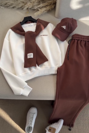 Brown & White Casual Tracksuit Co-Ord Set for Women – Stylish Winter Lounge Wear
