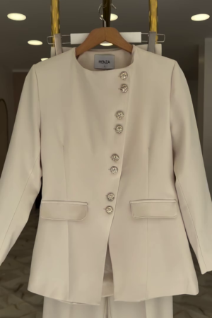 Ivory Button-Detail Blazer Pant Suit for Women – Premium Formal & Office Wear