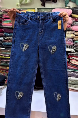 Stylish Blue Denim Jeans with Heart Stone Work – Trendy Women’s Casual Wear