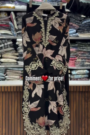 Elegant Black Floral Printed Embroidered Kurti – Festive & Party Wear for Women