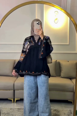 Midnight Bloom Embroidered Boho Top