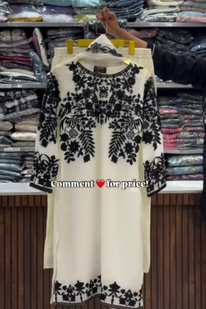 Elegant White Kurti Set with Black Floral Embroidery – Classic Ethnic Wear
