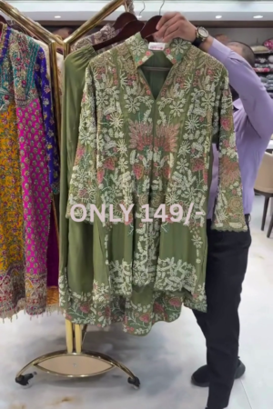 Elegant Olive Green Floral Embroidered Kurti Set