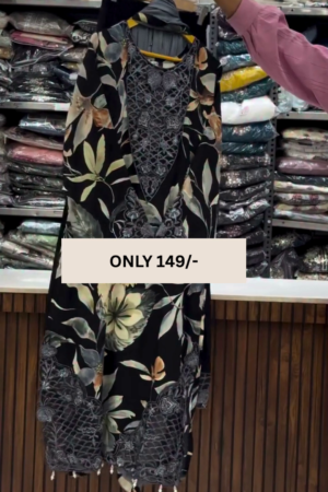 Elegant Black Floral Printed Embroidered Kurti