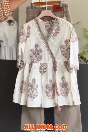 Elegant Printed Wrap Top & Beige Shorts Co-Ord Set