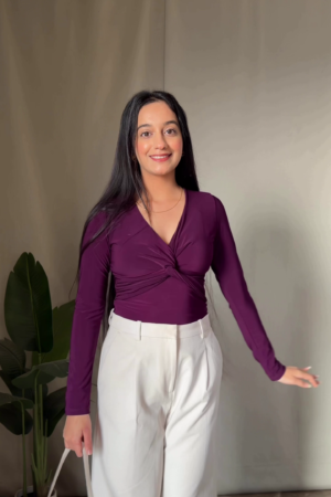 Stylish Burgundy Statement Top with Elegant White Trousers